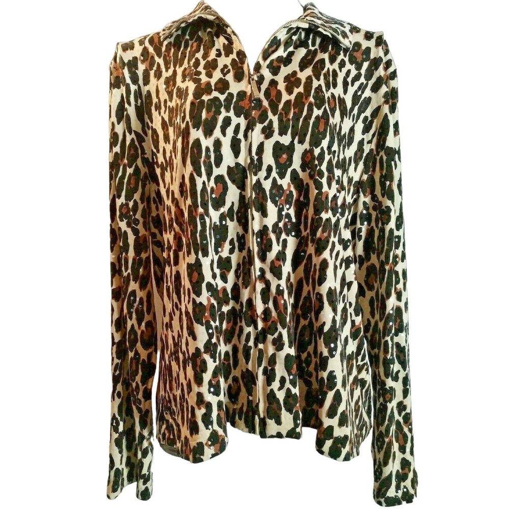 Lisa International Leopard Animal Print Full Zip Jacket Shirt Long Sleeve XLP